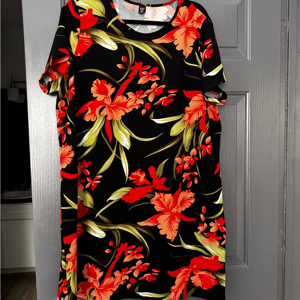 Floral Black Dress with Red and Green Accents